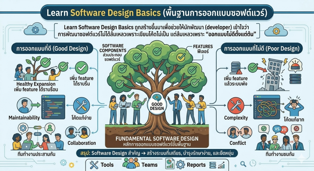 An infographic in Thai and English explaining "Software Design Basics," highlighting how failure in software development is often due to poor design. It contrasts the outcomes of good and poor design through visual scenarios and concludes with the crucial importance of software design for creating stable, maintainable, and flexible systems.