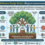 An infographic in Thai and English explaining "Software Design Basics," highlighting how failure in software development is often due to poor design. It contrasts the outcomes of good and poor design through visual scenarios and concludes with the crucial importance of software design for creating stable, maintainable, and flexible systems.