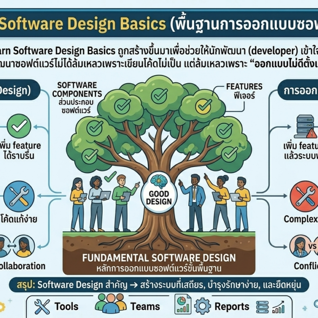 An infographic in Thai and English explaining "Software Design Basics," highlighting how failure in software development is often due to poor design. It contrasts the outcomes of good and poor design through visual scenarios and concludes with the crucial importance of software design for creating stable, maintainable, and flexible systems.