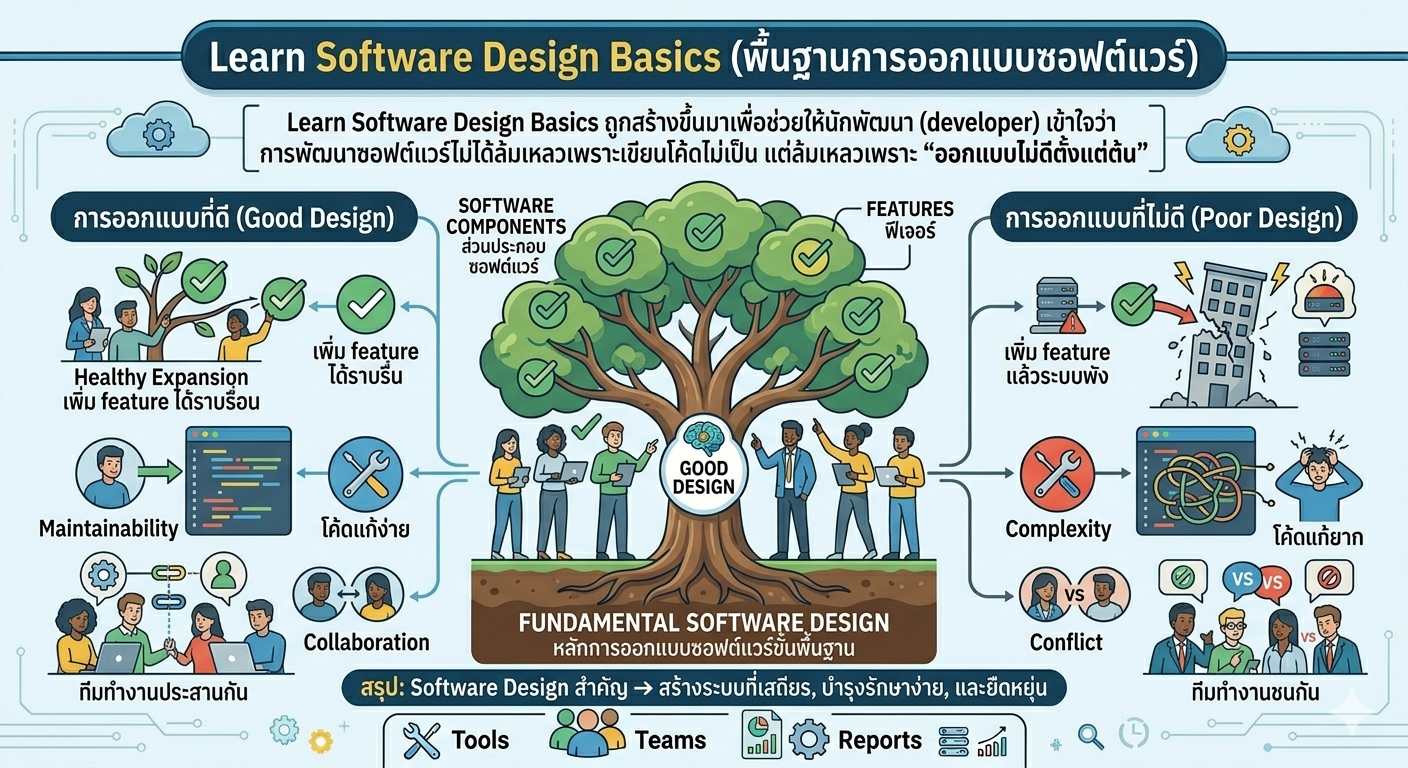 An infographic in Thai and English explaining "Software Design Basics," highlighting how failure in software development is often due to poor design. It contrasts the outcomes of good and poor design through visual scenarios and concludes with the crucial importance of software design for creating stable, maintainable, and flexible systems.