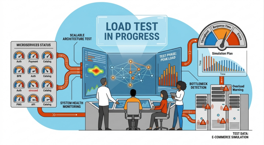 ภาพจำลองการทำ Load Test เพื่อป้องกันระบบล่มเมื่อมีผู้ใช้งานจำนวนมาก แสดงการตรวจสอบ Microservices และการตรวจจับคอขวดของระบบ