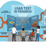 ภาพจำลองการทำ Load Test เพื่อป้องกันระบบล่มเมื่อมีผู้ใช้งานจำนวนมาก แสดงการตรวจสอบ Microservices และการตรวจจับคอขวดของระบบ