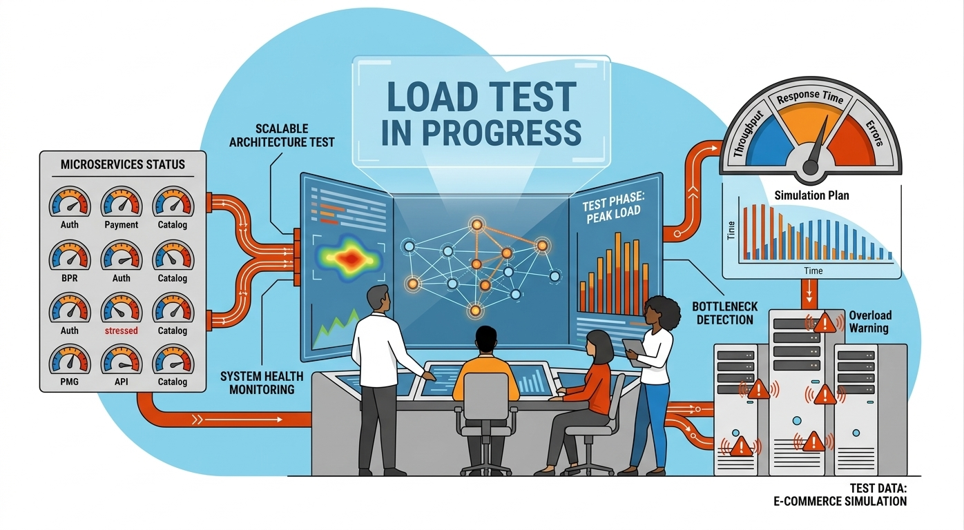 ภาพจำลองการทำ Load Test เพื่อป้องกันระบบล่มเมื่อมีผู้ใช้งานจำนวนมาก แสดงการตรวจสอบ Microservices และการตรวจจับคอขวดของระบบ
