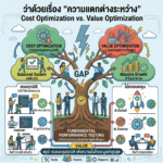 A colorful and detailed Thai infographic presented in a tree-like diagram, illustrating the difference between "Cost Optimization" and "Value Optimization" in business strategy. On the left side, the "Cost Optimization" branch emphasizes "Balanced System" and features people working happily with code, green checkmarks, and text labeled "Reduction" and "Engineer." The right "Value Optimization" branch highlights "Massive Growth" and shows money bags, a launching rocket, and text labeled "Growth." Both sides are connected by arrows to a central trunk and root system labeled "Fundamental Performance Testing," with a large coin and text that says "Create Value" and "Bridge the Gap." The top title reads "ว่าด้วยเรื่อง “ความแตกต่างระหว่าง” Cost Optimization vs. Value Optimization" (On the subject of the difference between Cost Optimization and Value Optimization). A summary banner at the bottom states "สรุป: ครอบคลุมทุกมิติ เพื่อความมั่นใจและมูลค่าสูงสุด" (Conclusion: Comprehensive in all dimensions for confidence and maximum value).