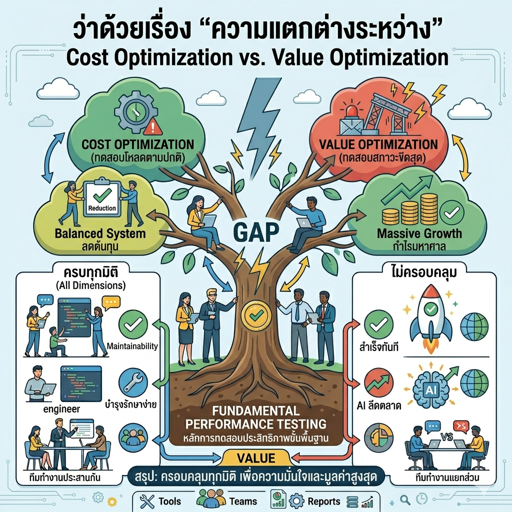 A colorful and detailed Thai infographic presented in a tree-like diagram, illustrating the difference between "Cost Optimization" and "Value Optimization" in business strategy. On the left side, the "Cost Optimization" branch emphasizes "Balanced System" and features people working happily with code, green checkmarks, and text labeled "Reduction" and "Engineer." The right "Value Optimization" branch highlights "Massive Growth" and shows money bags, a launching rocket, and text labeled "Growth." Both sides are connected by arrows to a central trunk and root system labeled "Fundamental Performance Testing," with a large coin and text that says "Create Value" and "Bridge the Gap." The top title reads "ว่าด้วยเรื่อง “ความแตกต่างระหว่าง” Cost Optimization vs. Value Optimization" (On the subject of the difference between Cost Optimization and Value Optimization). A summary banner at the bottom states "สรุป: ครอบคลุมทุกมิติ เพื่อความมั่นใจและมูลค่าสูงสุด" (Conclusion: Comprehensive in all dimensions for confidence and maximum value).