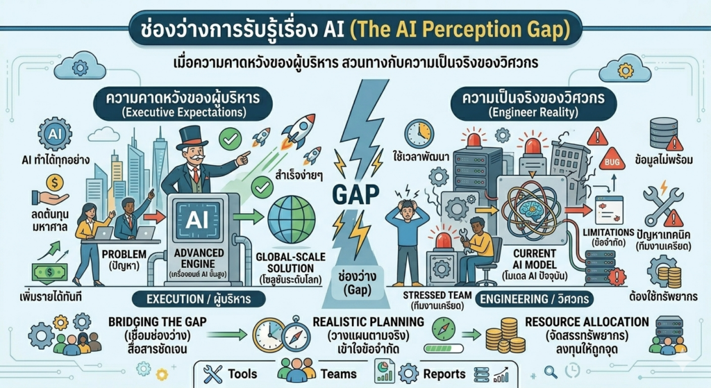An infographic titled "ช่องว่างการรับรู้เรื่อง AI (The AI Perception Gap)" contrasting executive expectations of AI with engineer reality, separated by a jagged lightning bolt gap, and suggesting solutions. The style is a clean, modern professional illustration, consistent with previous visuals