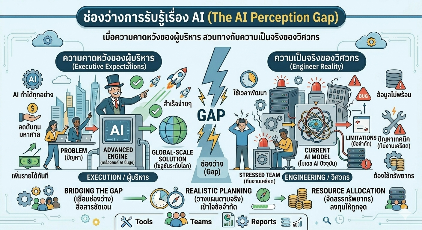 An infographic titled "ช่องว่างการรับรู้เรื่อง AI (The AI Perception Gap)" contrasting executive expectations of AI with engineer reality, separated by a jagged lightning bolt gap, and suggesting solutions. The style is a clean, modern professional illustration, consistent with previous visuals