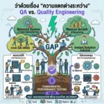 A 1x1 infographic comparing QA (Quality Assurance) and Quality Engineering (QE) using the company's brand colors. The left side features a blue header labeled "QA (ตรวจสอบคุณภาพ)" with a green panel showing engineers collaborating around a stable code screen labeled "ระบบเสถียร / ลด Defect." The right side features a red header labeled "วิศวกรรมคุณภาพ (QE)" with a purple panel illustrating an AI brain icon, a secure vault turning into a green checkmark, and a crumbling building with warning signs labeled "Value Optimization ยกระดับคุณภาพ / ลด Defect." The lower section splits into detailed sub-dimensions: the left side highlights "ครบทุกมิติ (All Dimensions)" focusing on maintainability and engineering collaboration, while the right side highlights fragmented workflows ("ไม่ครอบคลุม") with icons for risk, complexity, and conflict. The central bottom section shows two green checkmarks and a gold coin, anchored by a dark blue summary banner reading "สรุป: QE เพื่อระบบเสถียร ลด Defect เพิ่มความเร็ว".