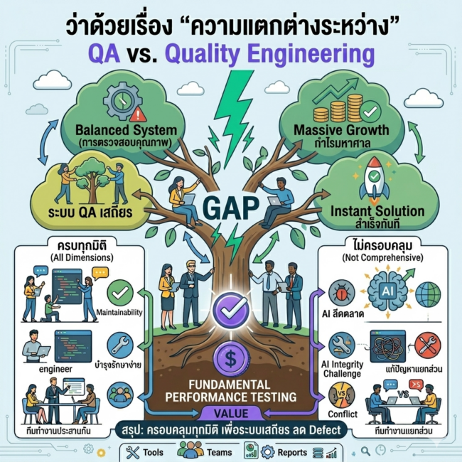 A 1x1 infographic comparing QA (Quality Assurance) and Quality Engineering (QE) using the company's brand colors. The left side features a blue header labeled "QA (ตรวจสอบคุณภาพ)" with a green panel showing engineers collaborating around a stable code screen labeled "ระบบเสถียร / ลด Defect." The right side features a red header labeled "วิศวกรรมคุณภาพ (QE)" with a purple panel illustrating an AI brain icon, a secure vault turning into a green checkmark, and a crumbling building with warning signs labeled "Value Optimization ยกระดับคุณภาพ / ลด Defect." The lower section splits into detailed sub-dimensions: the left side highlights "ครบทุกมิติ (All Dimensions)" focusing on maintainability and engineering collaboration, while the right side highlights fragmented workflows ("ไม่ครอบคลุม") with icons for risk, complexity, and conflict. The central bottom section shows two green checkmarks and a gold coin, anchored by a dark blue summary banner reading "สรุป: QE เพื่อระบบเสถียร ลด Defect เพิ่มความเร็ว".