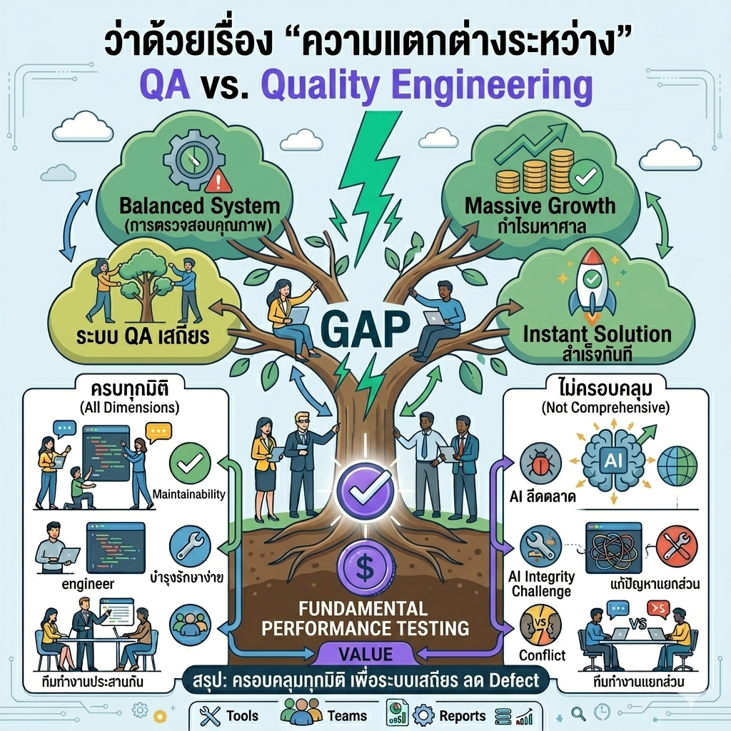 A 1x1 infographic comparing QA (Quality Assurance) and Quality Engineering (QE) using the company's brand colors. The left side features a blue header labeled "QA (ตรวจสอบคุณภาพ)" with a green panel showing engineers collaborating around a stable code screen labeled "ระบบเสถียร / ลด Defect." The right side features a red header labeled "วิศวกรรมคุณภาพ (QE)" with a purple panel illustrating an AI brain icon, a secure vault turning into a green checkmark, and a crumbling building with warning signs labeled "Value Optimization ยกระดับคุณภาพ / ลด Defect." The lower section splits into detailed sub-dimensions: the left side highlights "ครบทุกมิติ (All Dimensions)" focusing on maintainability and engineering collaboration, while the right side highlights fragmented workflows ("ไม่ครอบคลุม") with icons for risk, complexity, and conflict. The central bottom section shows two green checkmarks and a gold coin, anchored by a dark blue summary banner reading "สรุป: QE เพื่อระบบเสถียร ลด Defect เพิ่มความเร็ว".