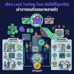 A colorful and detailed Thai infographic comparing different approaches to choosing load testing tools. The top title says, "เลือก Load Testing Tool (ยังไงให้ถูกจริต) เล่าจากคนที่ลองมาหลายตัว" (How to choose a load testing tool that suits your needs - told by someone who has tried many). On the left side, under "ครบทุกมิติ (All Dimensions)," a green panel shows happy teams, money bags, and a green checkmark for a stable system. The right side, under "ไม่ครอบคลุม (Not Comprehensive)," a red panel shows a stressed team, a broken system, a red cross, and various problems like "bugs," "conflict," and system failure. The middle features a hand holding a magnifying glass over three briefcases. Arrows connect the different elements to central server racks, stopwatches, and money. A central green checkmark with money is labeled "สร้างมูลค่า" (Create Value).
