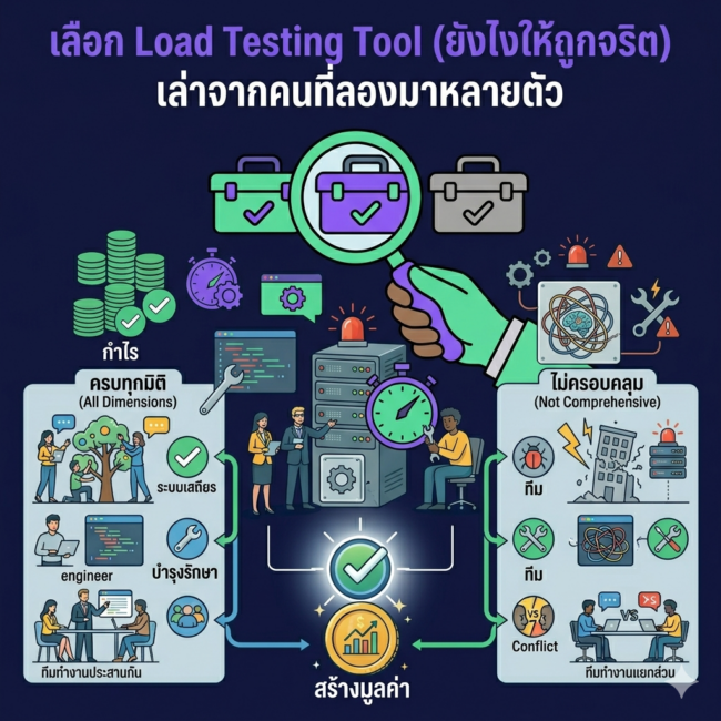 A colorful and detailed Thai infographic comparing different approaches to choosing load testing tools. The top title says, "เลือก Load Testing Tool (ยังไงให้ถูกจริต) เล่าจากคนที่ลองมาหลายตัว" (How to choose a load testing tool that suits your needs - told by someone who has tried many). On the left side, under "ครบทุกมิติ (All Dimensions)," a green panel shows happy teams, money bags, and a green checkmark for a stable system. The right side, under "ไม่ครอบคลุม (Not Comprehensive)," a red panel shows a stressed team, a broken system, a red cross, and various problems like "bugs," "conflict," and system failure. The middle features a hand holding a magnifying glass over three briefcases. Arrows connect the different elements to central server racks, stopwatches, and money. A central green checkmark with money is labeled "สร้างมูลค่า" (Create Value).