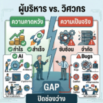 A complex infographic titled in Thai "ช่องว่างการรับรู้เรื่อง AI (The AI Perception Gap)" and "หลักการทดสอบประสิทธิภาพขั้นพื้นฐาน (Fundamental Performance Testing)." It features a central branching structure named "AI Integration Challenge" and "Fundamental Performance Testing" (in a deep root system), flanked by two columns: "ครบทุกมิติ (All Dimensions)" and "ไม่ครอบคลุม (Not Comprehensive)". The top section shows a "GAP" between a manager looking at skyscrapers with lightning and a crumbling building. The infographic details multiple sub-topics with icons: "ระบบ AI เสถียร" (AI Stable), "AI Performance Limits" (AI Performance Boundaries), "Engineer", "Maintainability", "Collaboration", "Broken Wrench", "Complexity", "Conflict", "Value", and "Tools, Teams, Reports." Arrows and flow lines indicate relationships and processes.