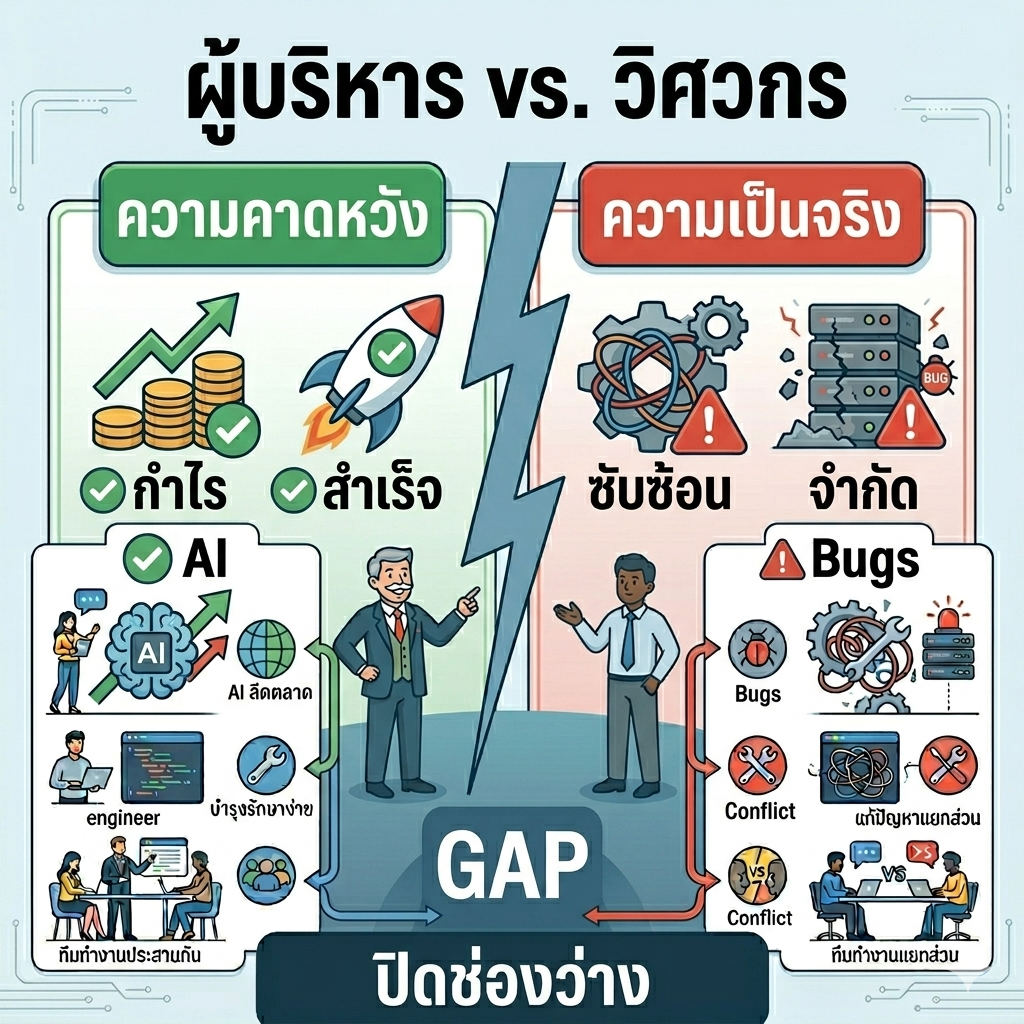 A complex infographic titled in Thai "ช่องว่างการรับรู้เรื่อง AI (The AI Perception Gap)" and "หลักการทดสอบประสิทธิภาพขั้นพื้นฐาน (Fundamental Performance Testing)." It features a central branching structure named "AI Integration Challenge" and "Fundamental Performance Testing" (in a deep root system), flanked by two columns: "ครบทุกมิติ (All Dimensions)" and "ไม่ครอบคลุม (Not Comprehensive)". The top section shows a "GAP" between a manager looking at skyscrapers with lightning and a crumbling building. The infographic details multiple sub-topics with icons: "ระบบ AI เสถียร" (AI Stable), "AI Performance Limits" (AI Performance Boundaries), "Engineer", "Maintainability", "Collaboration", "Broken Wrench", "Complexity", "Conflict", "Value", and "Tools, Teams, Reports." Arrows and flow lines indicate relationships and processes.