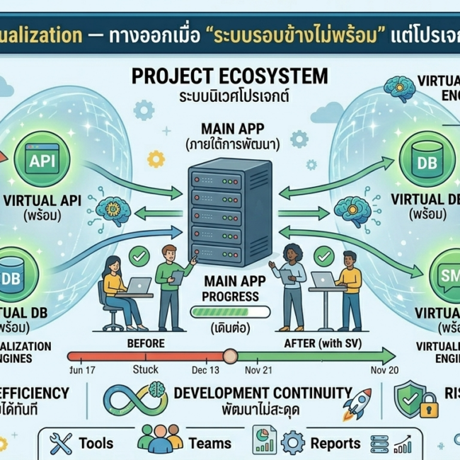 Alt Text: An infographic illustrating the "Project Ecosystem" of software development, contrasting the problems of "Before" (dependency bottlenecks) with the solution of "After" (Service Virtualization), and listing key benefits. The Thai title translates to "Service Virtualization — The solution when ‘external systems are not ready’ but the project must move forward."