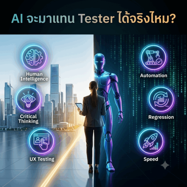 Description: A cinematic 1x1 square blog thumbnail infographic addressing the debate: "Will AI replace software testers?" (AI จะมาแทน Tester ได้จริงไหม?). Header: Features the bold Thai question at the top with a clean gradient. Composition: A stark vertical split-screen with a professional female software tester standing in the center from a back-view perspective, holding a tablet. The Human Side (Left): Set against a bright, modern corporate cityscape with a glowing golden path. Floating neon holographic circles highlight core human testing advantages: Human Intelligence, Critical Thinking, and UX Testing. The AI Side (Right): Set against a dark cybernetic wall filled with glowing digital matrix code and a futuristic sleek robot. Floating neon circles highlight machine testing capabilities: Automation, Regression, and Speed.