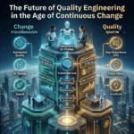 A 1x1 futuristic infographic titled "The Future of Quality Engineering in the Age of Continuous Change". It features a multi-tiered cybernetic tower over a modern city skyline. At the top of the tower, two human software engineering professionals and a humanoid AI robot collaborate over an illuminated "Integrated QA Strategy" interface. The structure's central vertical column serves as a "Knowledge Core" showing a data flow from Context Engineering, RAG Retrieval, AI-Assisted Analysis, to Validation. The left side highlights automated components in glowing teal, while the right side focuses on human-centric testing assets in glowing gold.