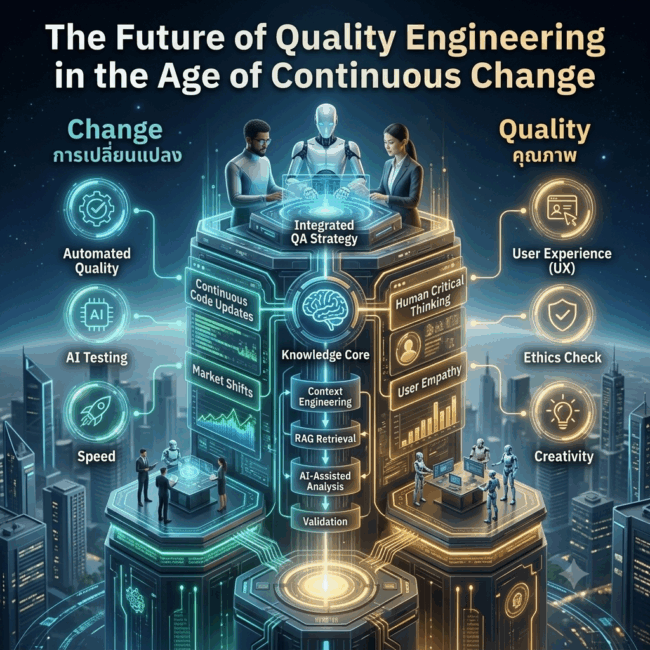 A 1x1 futuristic infographic titled "The Future of Quality Engineering in the Age of Continuous Change". It features a multi-tiered cybernetic tower over a modern city skyline. At the top of the tower, two human software engineering professionals and a humanoid AI robot collaborate over an illuminated "Integrated QA Strategy" interface. The structure's central vertical column serves as a "Knowledge Core" showing a data flow from Context Engineering, RAG Retrieval, AI-Assisted Analysis, to Validation. The left side highlights automated components in glowing teal, while the right side focuses on human-centric testing assets in glowing gold.