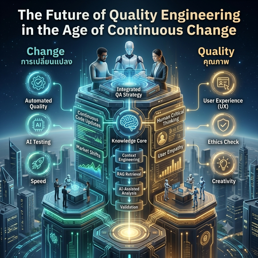 A 1x1 futuristic infographic titled "The Future of Quality Engineering in the Age of Continuous Change". It features a multi-tiered cybernetic tower over a modern city skyline. At the top of the tower, two human software engineering professionals and a humanoid AI robot collaborate over an illuminated "Integrated QA Strategy" interface. The structure's central vertical column serves as a "Knowledge Core" showing a data flow from Context Engineering, RAG Retrieval, AI-Assisted Analysis, to Validation. The left side highlights automated components in glowing teal, while the right side focuses on human-centric testing assets in glowing gold.