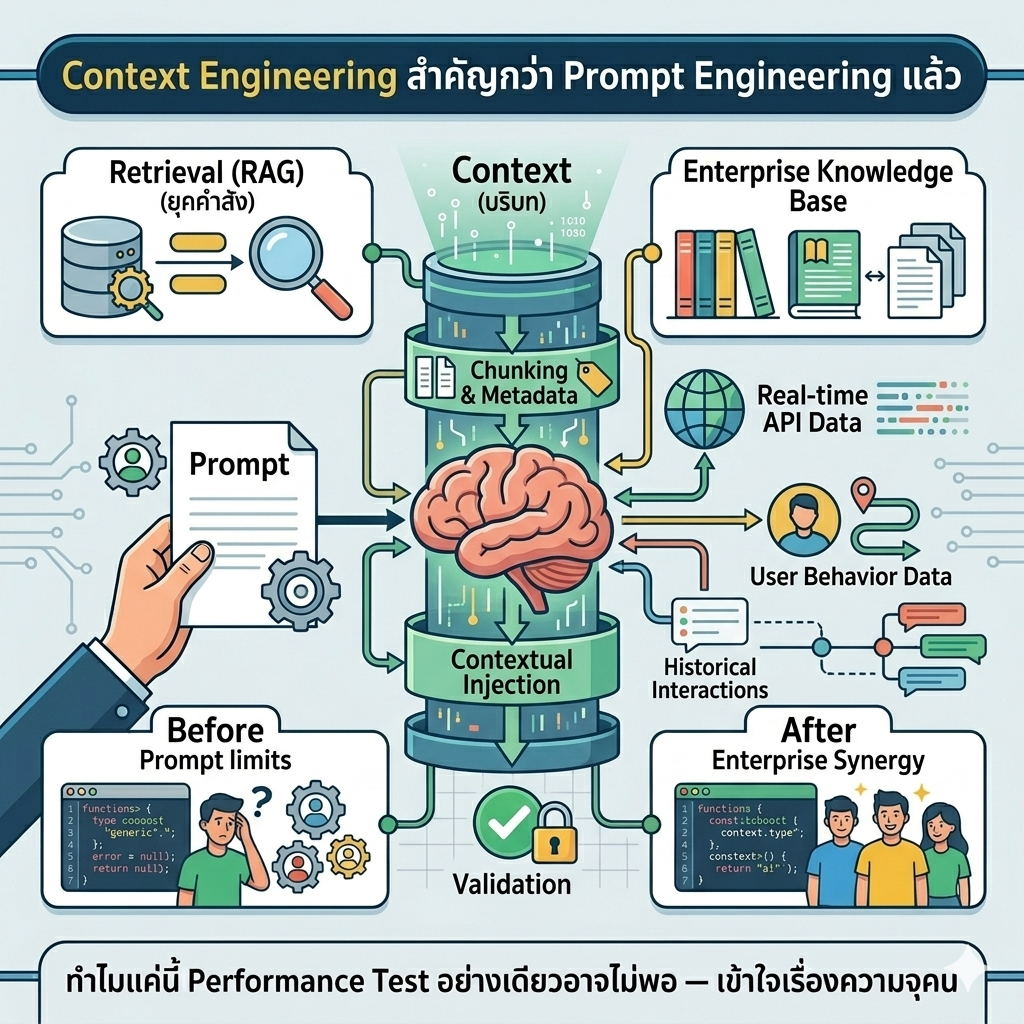 A 1x1 infographic illustrating the technical architecture of Context Engineering surpassing traditional Prompt Engineering. The center features a human brain icon processing data within a "Contextual Injection" tube. It connects various data inputs including an Enterprise Knowledge Base, Real-time API Data, and User Behavior Data. The bottom panels compare code outputs "Before" and "After" implementing enterprise synergy, designed in a dark navy and mint green professional tech style.