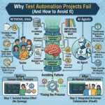 A 1x1 vector infographic with a light blue technical grid background, visualizing critical failure points and solutions for complex software quality engineering projects. The center displays a technical data pipeline leading to a large brain icon with 'Contextual Injection'. This pipeline maps out connections to a human 'Tester' team on the left (linked to Strategy, UX Silos, Data Discovery Gaps) and a sophisticated 'AI Agent' robot on the right (linked to Automated Regressions, API Test Gaps, Anomaly Detection). The workflow connects various data inputs like an Enterprise Knowledge Base, MCT Knowledge Base, and Context Management Tools. Below the main pipeline, the bottom panel compares project outcomes: a confused developer facing generic non-functional code (Left: Before, Prompt limits) versus a collaborative human-robot team achieving structured product-ready code (Right: After, Enterprise Synergy), highlighting the 'Fixing the Process' transformation. The entire graphic uses a modern blue, teal, and gold technical illustration style.