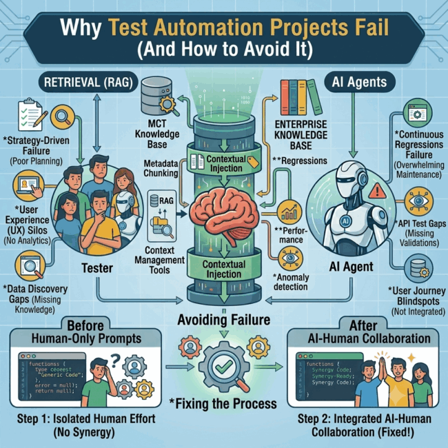 A 1x1 vector infographic with a light blue technical grid background, visualizing critical failure points and solutions for complex software quality engineering projects. The center displays a technical data pipeline leading to a large brain icon with 'Contextual Injection'. This pipeline maps out connections to a human 'Tester' team on the left (linked to Strategy, UX Silos, Data Discovery Gaps) and a sophisticated 'AI Agent' robot on the right (linked to Automated Regressions, API Test Gaps, Anomaly Detection). The workflow connects various data inputs like an Enterprise Knowledge Base, MCT Knowledge Base, and Context Management Tools. Below the main pipeline, the bottom panel compares project outcomes: a confused developer facing generic non-functional code (Left: Before, Prompt limits) versus a collaborative human-robot team achieving structured product-ready code (Right: After, Enterprise Synergy), highlighting the 'Fixing the Process' transformation. The entire graphic uses a modern blue, teal, and gold technical illustration style.