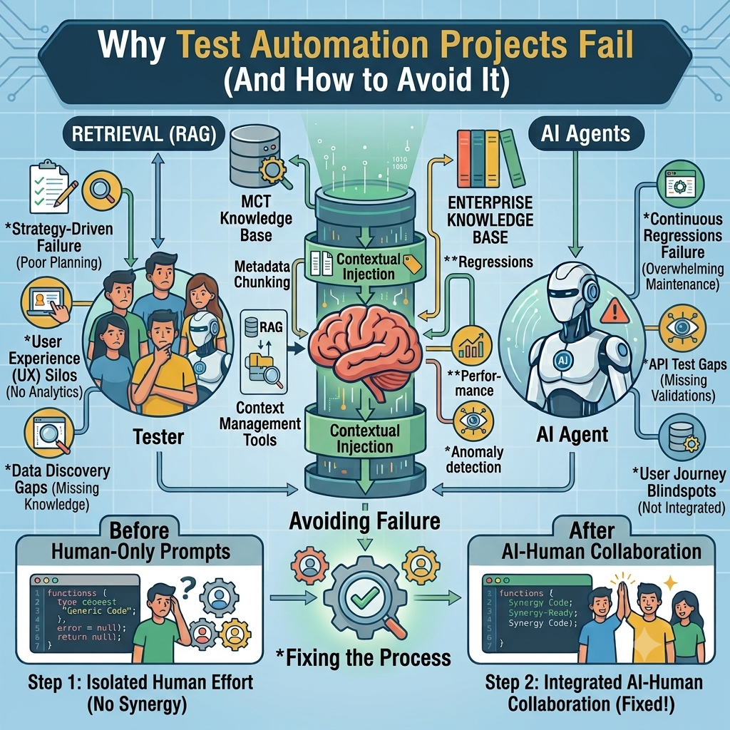 A 1x1 vector infographic with a light blue technical grid background, visualizing critical failure points and solutions for complex software quality engineering projects. The center displays a technical data pipeline leading to a large brain icon with 'Contextual Injection'. This pipeline maps out connections to a human 'Tester' team on the left (linked to Strategy, UX Silos, Data Discovery Gaps) and a sophisticated 'AI Agent' robot on the right (linked to Automated Regressions, API Test Gaps, Anomaly Detection). The workflow connects various data inputs like an Enterprise Knowledge Base, MCT Knowledge Base, and Context Management Tools. Below the main pipeline, the bottom panel compares project outcomes: a confused developer facing generic non-functional code (Left: Before, Prompt limits) versus a collaborative human-robot team achieving structured product-ready code (Right: After, Enterprise Synergy), highlighting the 'Fixing the Process' transformation. The entire graphic uses a modern blue, teal, and gold technical illustration style.
