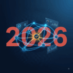 Dark mode 1:1 vector illustration featuring glowing electric blue network nodes with checkmarks, semi-transparent "2026" watermark, and holographic analytics dashboards on a dark navy dot-grid background.