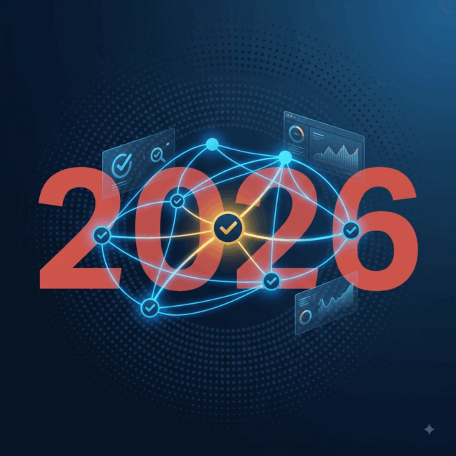 Dark mode 1:1 vector illustration featuring glowing electric blue network nodes with checkmarks, semi-transparent "2026" watermark, and holographic analytics dashboards on a dark navy dot-grid background.