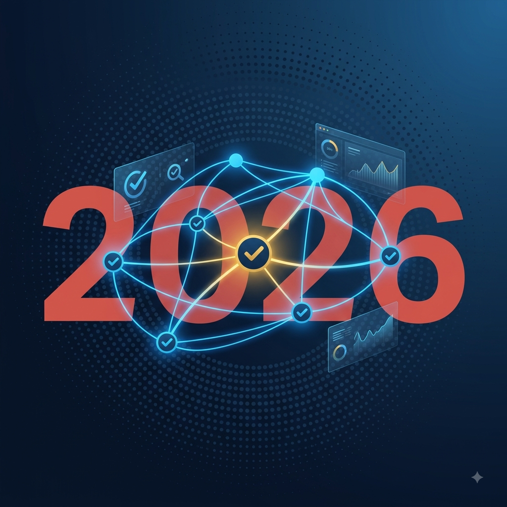 Dark mode 1:1 vector illustration featuring glowing electric blue network nodes with checkmarks, semi-transparent "2026" watermark, and holographic analytics dashboards on a dark navy dot-grid background.