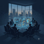 Strategic oversight at the highest level: Business leaders analyze real-time risk, confidence metrics, and software infrastructure security from a centralized holographic dashboard.