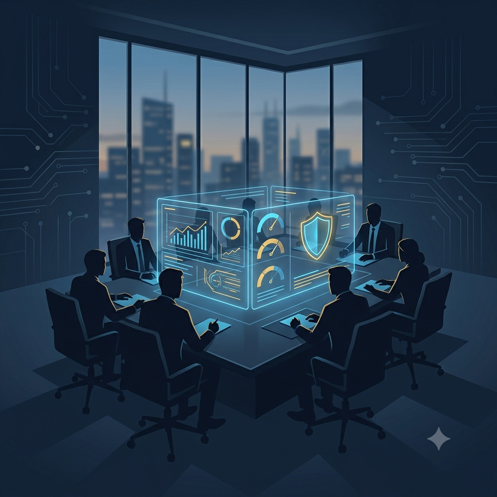 Strategic oversight at the highest level: Business leaders analyze real-time risk, confidence metrics, and software infrastructure security from a centralized holographic dashboard.